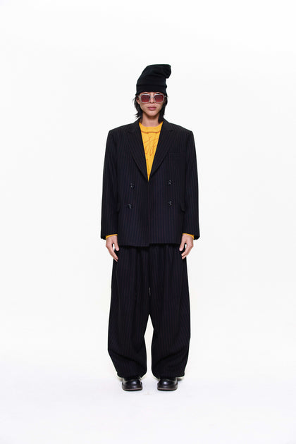 "JIMMY" TAILORED DOUBLE BREASTED BLAZER BLACK PINSTRIPE WOOL