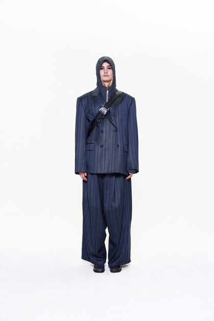 "NINO" OVERSIZED SHINY STRIPE WOOL TROUSERS NAVY