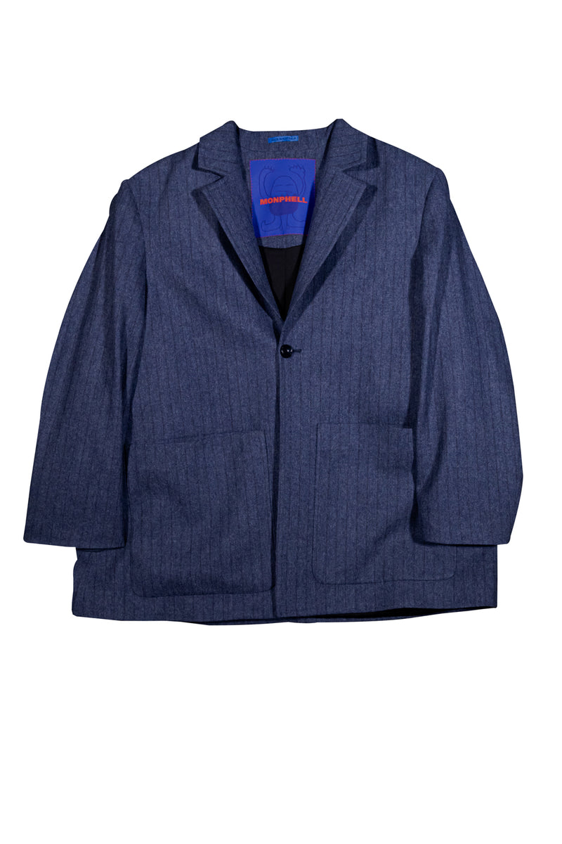 "ALICE" PIN STRIPE TAILORED LONG BLAZER WITH PATCH POCKETS / LAPIS