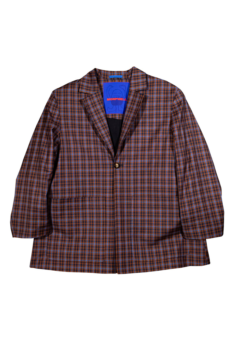 "ALICE" TAILORED LONG BLAZER WITH PATCH POCKETS BROWN CHECK