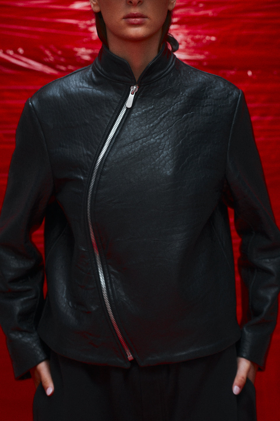 ジャケット・アウター T/SEHNE ASYMMETRIC LEATHER JACKET Saint Laurent women's leather biker jacket made of genuine leather