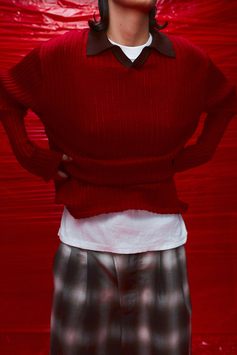 "Loui" Merino wool long sleeve knit with collar red/brown