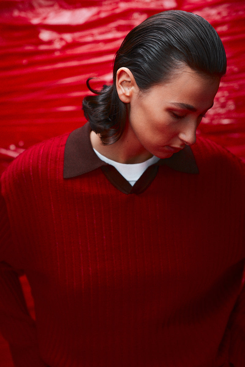 "Loui" Merino wool long sleeve knit with collar red/brown