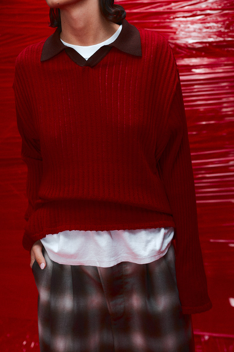 "Loui" Merino wool long sleeve knit with collar red/brown