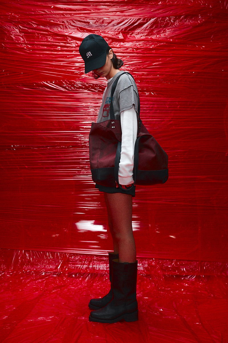 "Nova" Black leather/Satin red tote bag