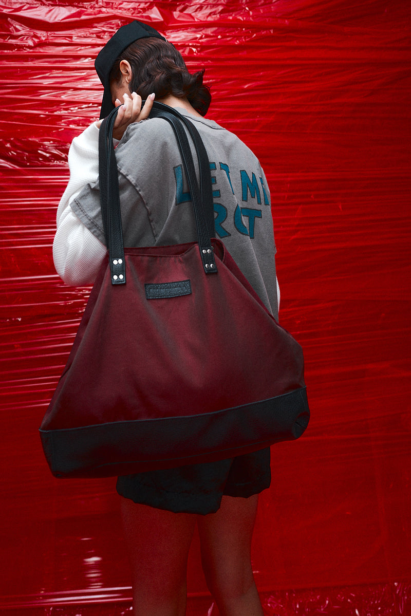 "Nova" Black leather/Satin red tote bag