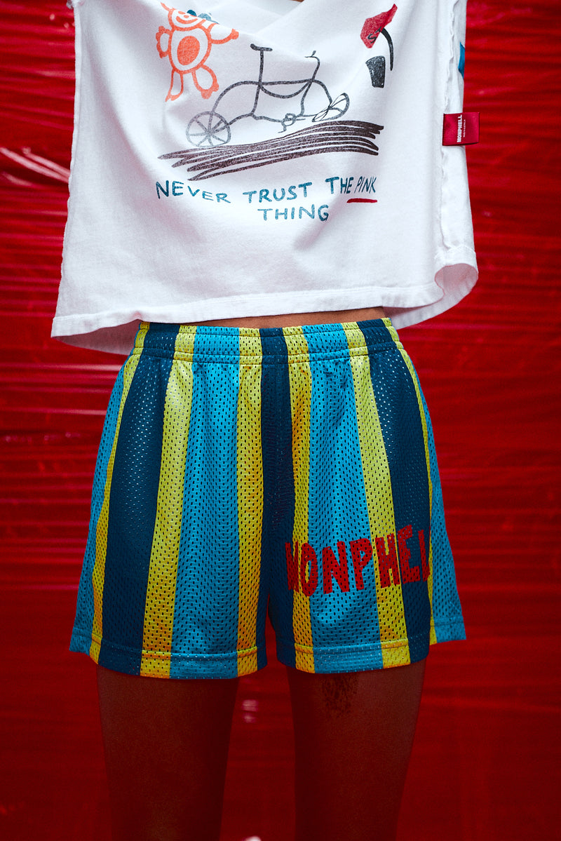 "Alexi" Basketball mesh short blue/yellow stripe