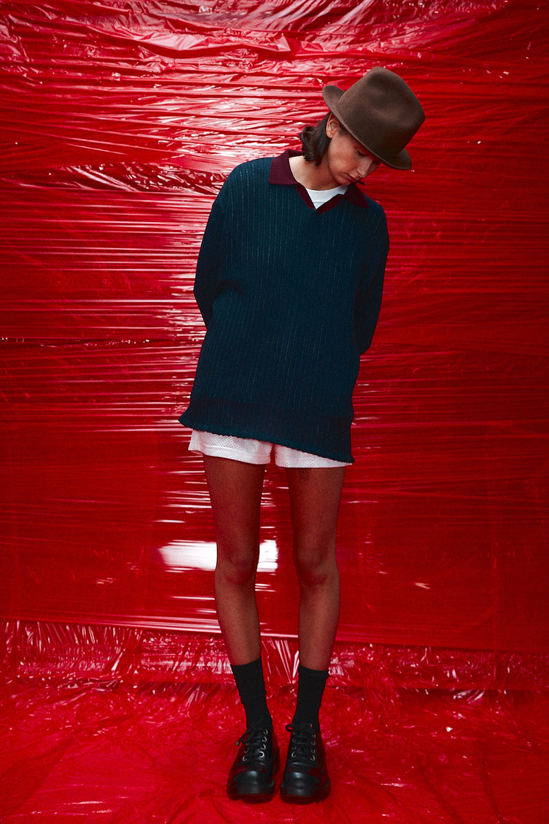 "Loui" Merino wool long sleeve knit with collar midnight/brown