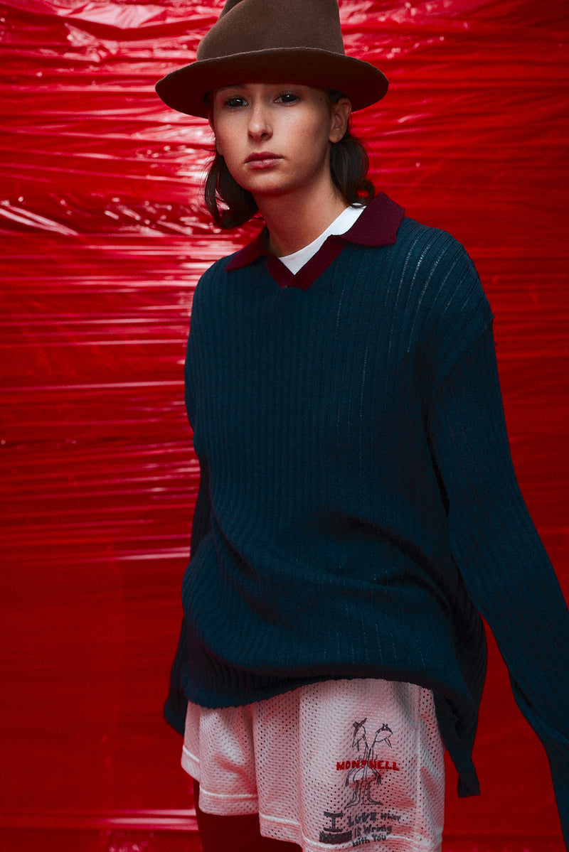 "Loui" Merino wool long sleeve knit with collar midnight/brown