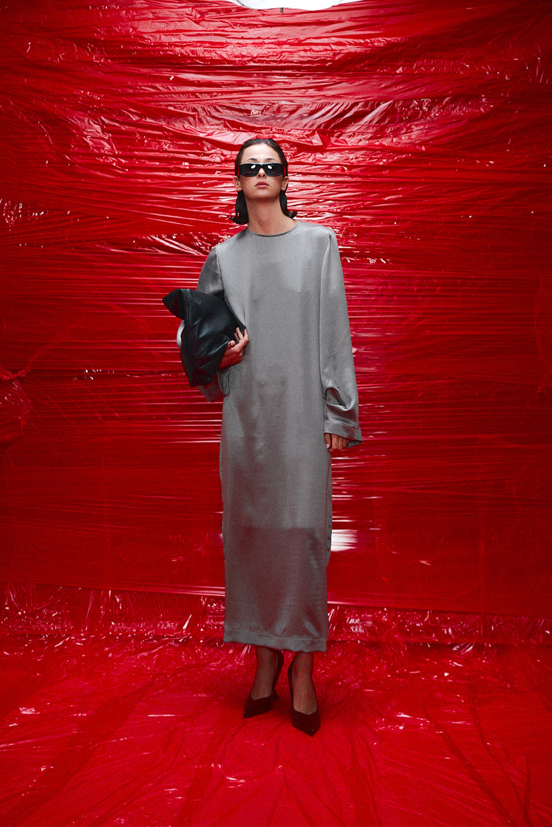 silver balloon sleeve dress Karen Millen Petite Crystal Embellished Organdie Balloon Sleeve Midi Dress in Silver