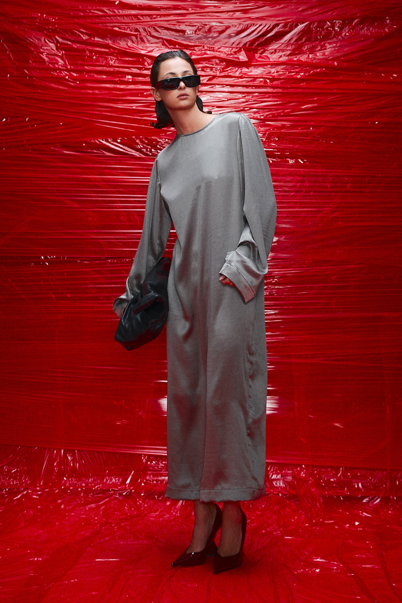 "Marion" Balloon sleeve dress brushed metal