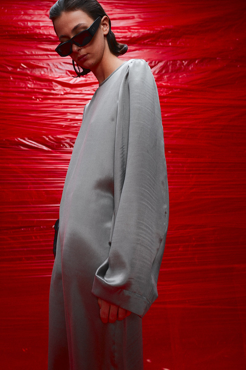 "Marion" Balloon sleeve dress brushed metal