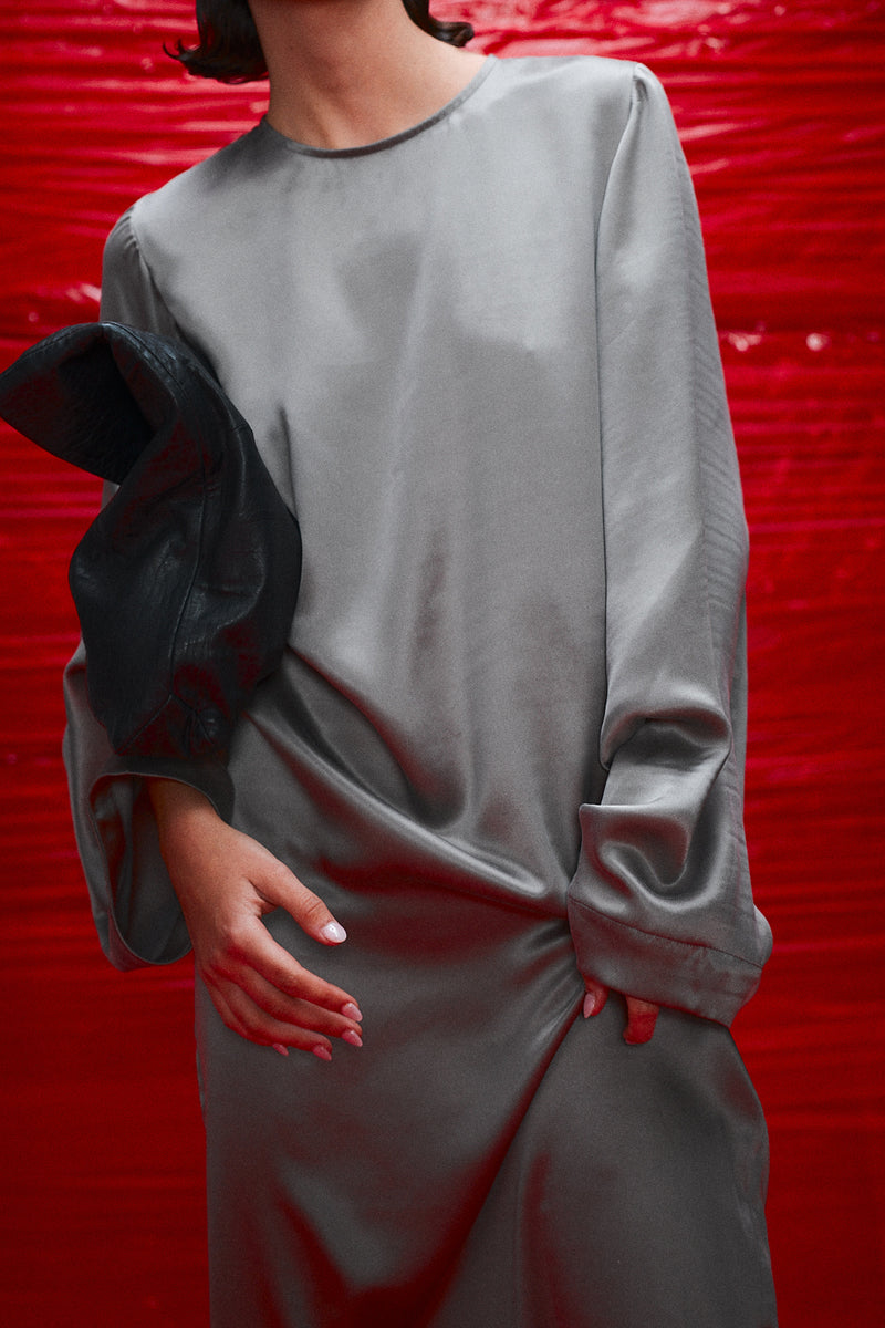 "Marion" Balloon sleeve dress brushed metal