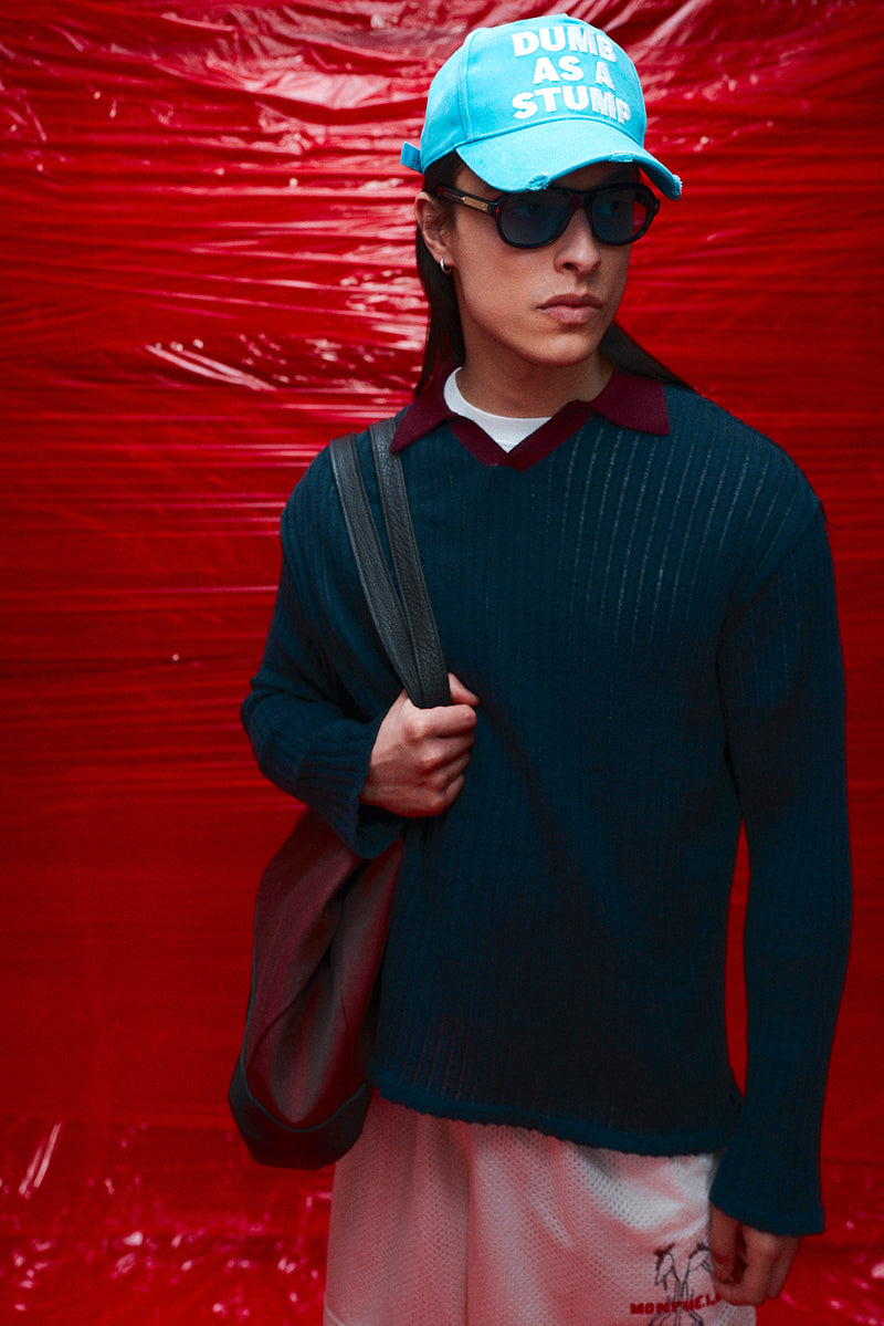 "Loui" Merino wool long sleeve knit with collar midnight/brown