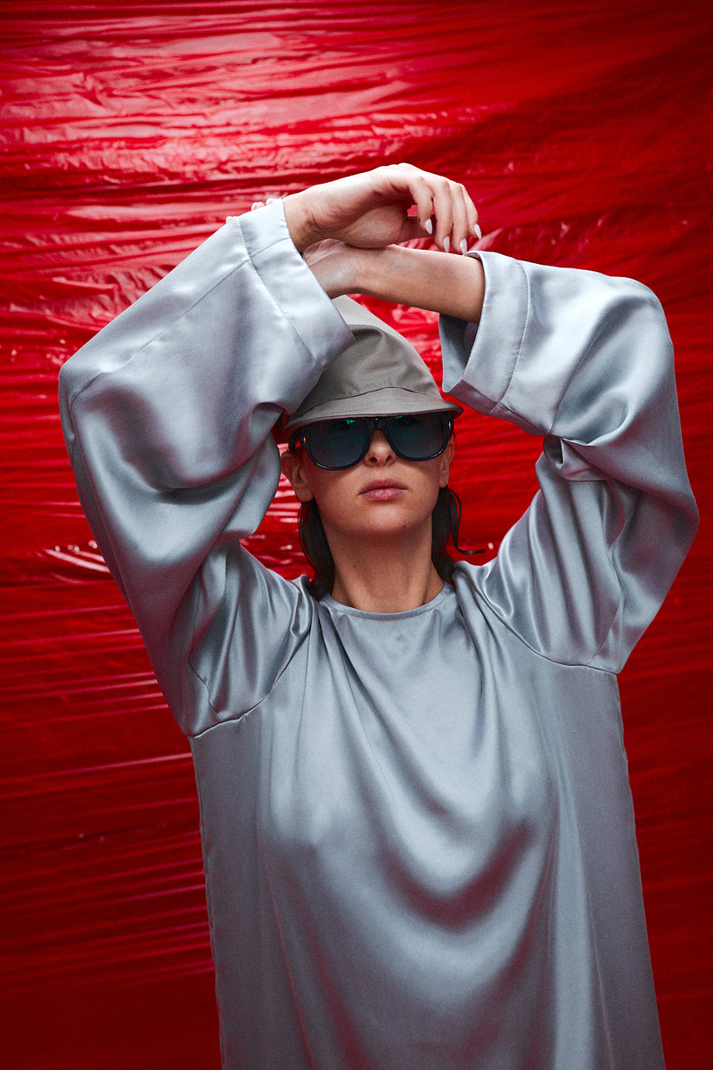 "Marion" Balloon sleeve dress gun metal