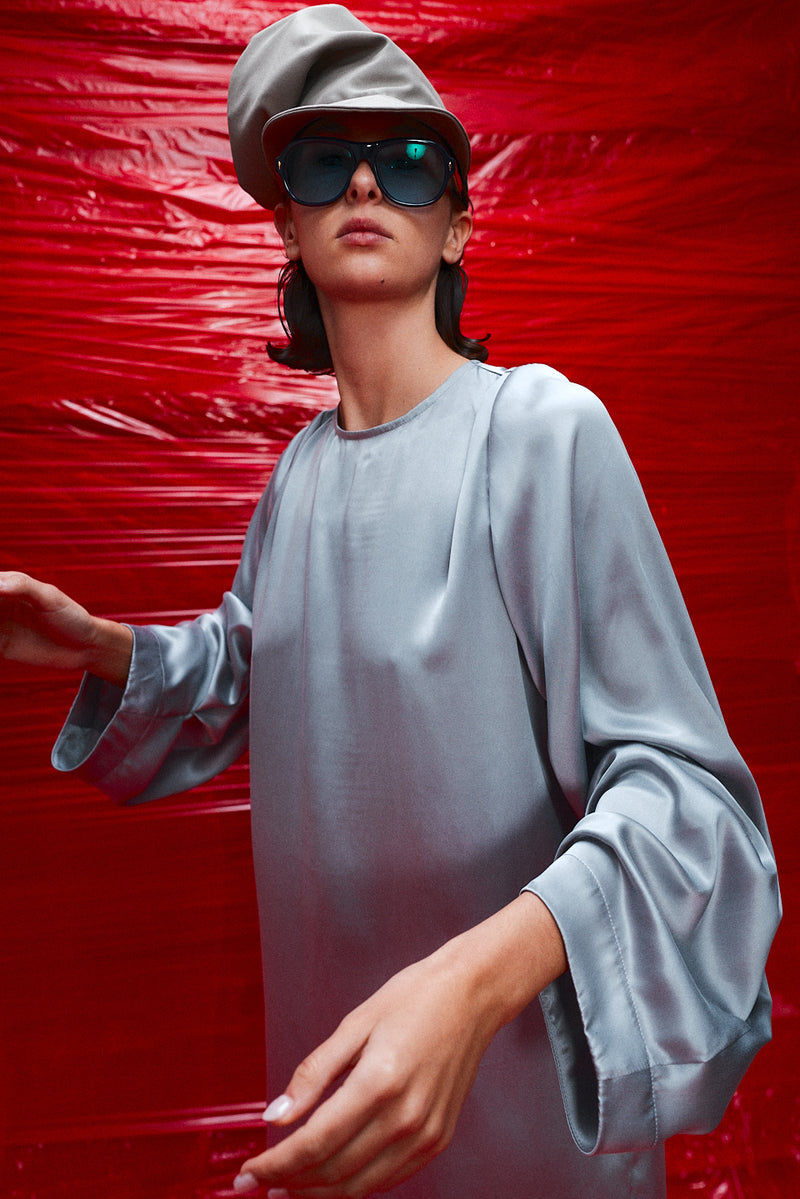 "Marion" Balloon sleeve dress gun metal