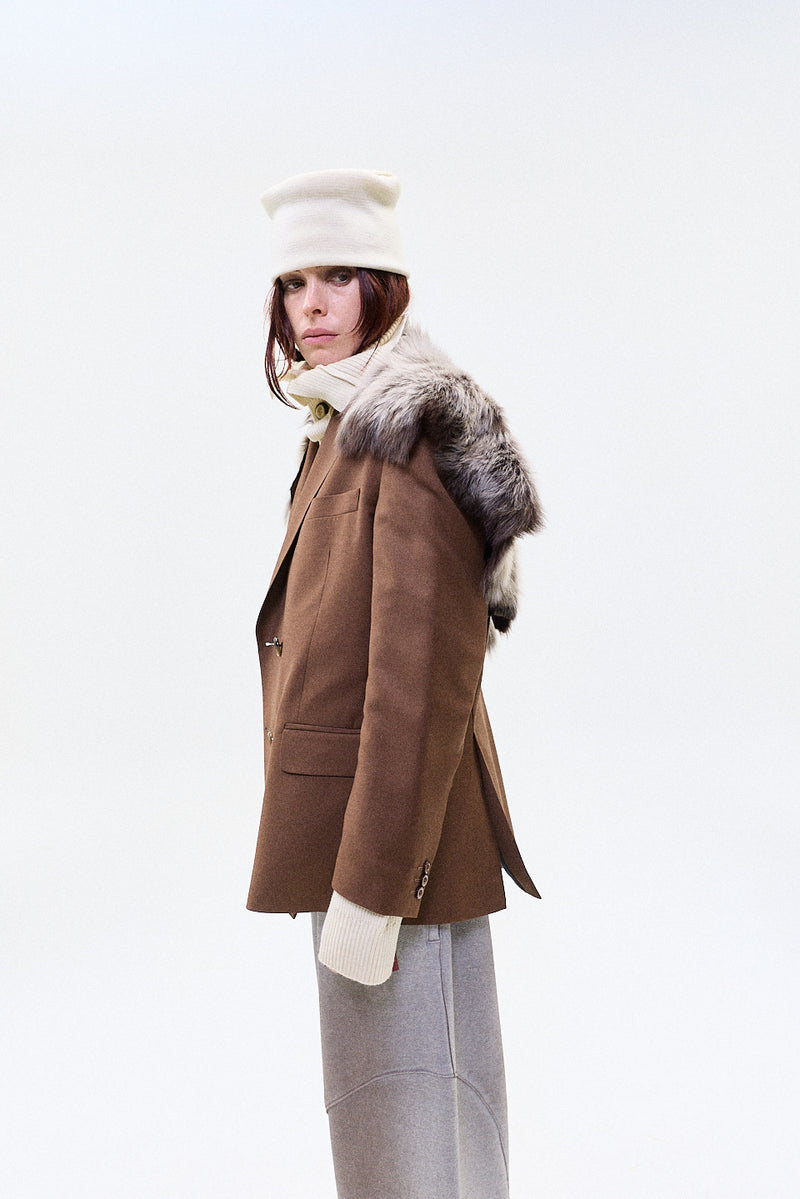 "JIMMY" FUR TRIM TAILORED DB BLAZER SAND