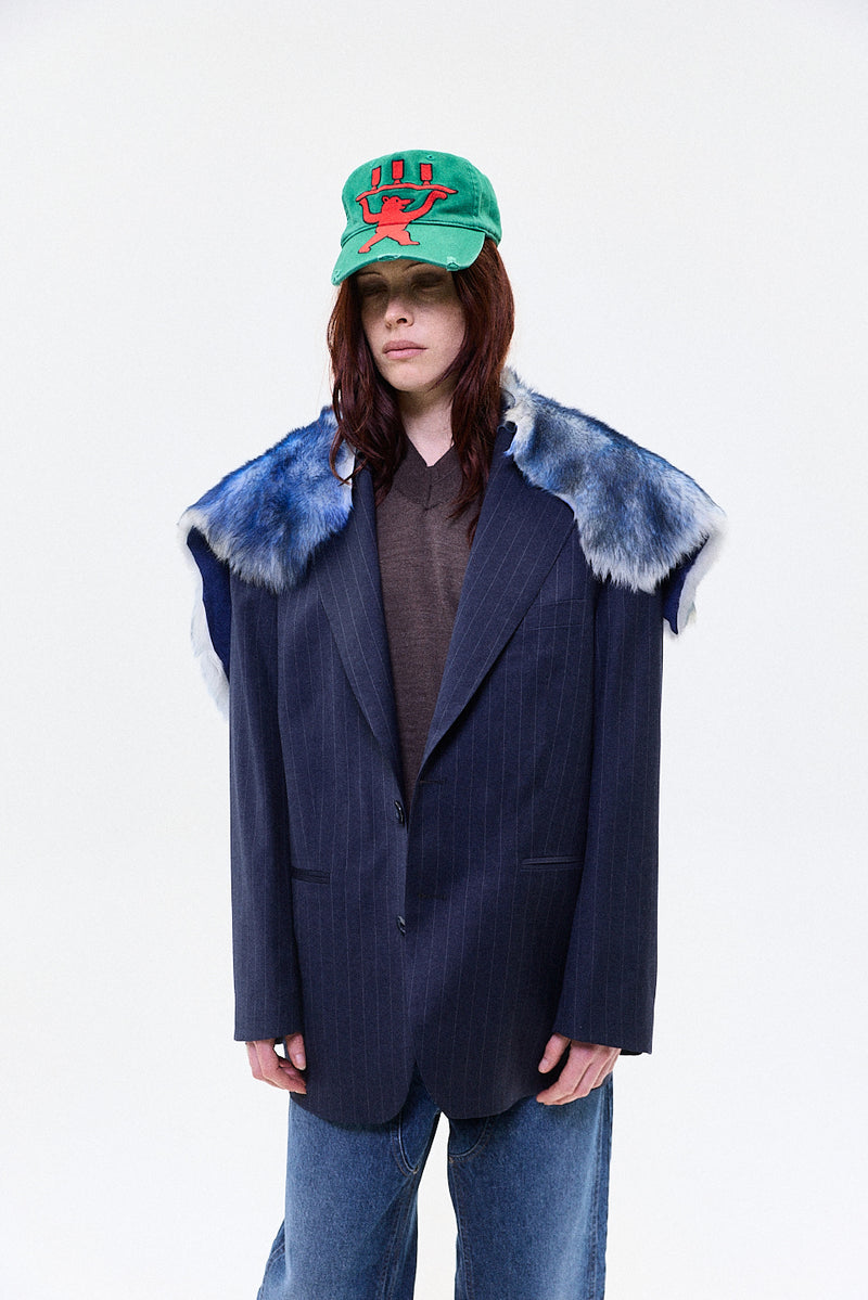 "MARCO" FUR TRIM TAILORED BLAZER SINGLE BREASTED NAVY