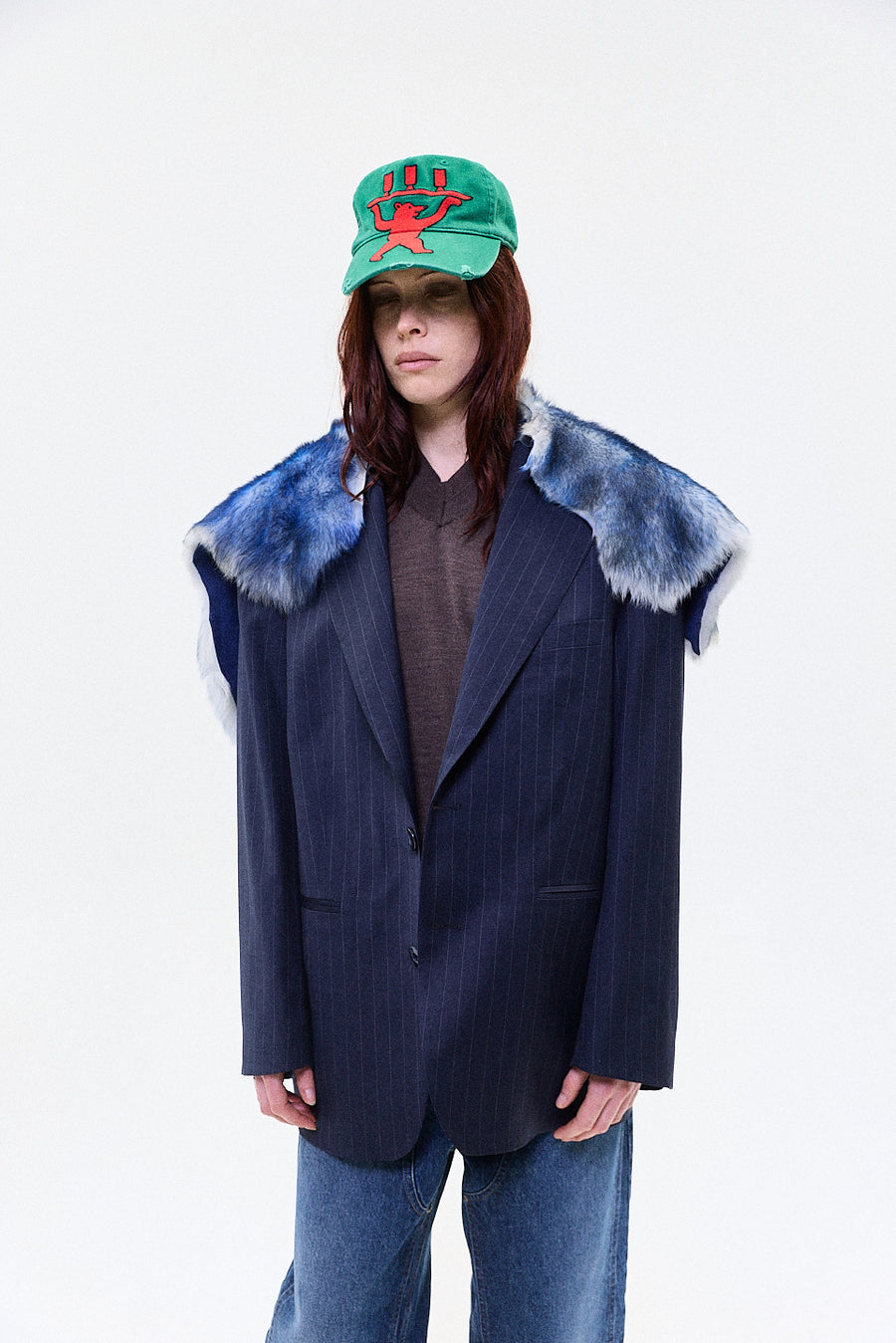 "MARCO" FUR TRIM TAILORED BLAZER SINGLE BREASTED NAVY
