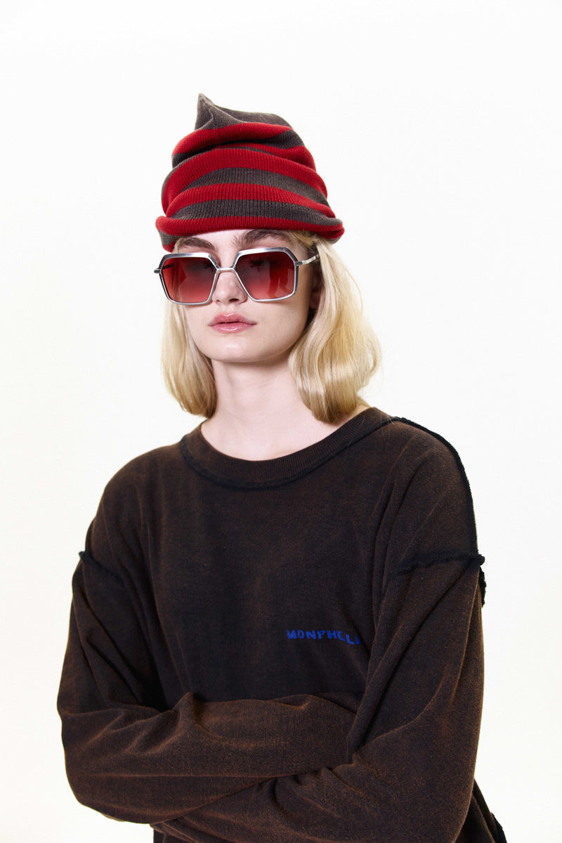 "LOU" OVERSIZED STRIPED MERINO WOOL BEANIE RED/BROWN