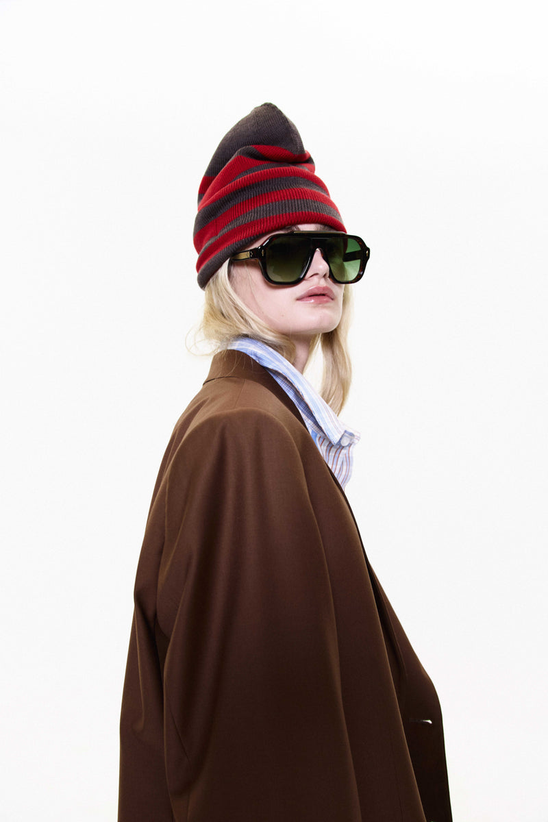 "LOU" OVERSIZED STRIPED MERINO WOOL BEANIE RED/BROWN