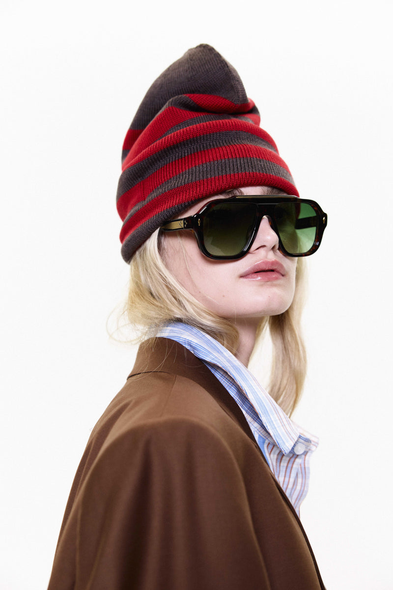 "LOU" OVERSIZED STRIPED MERINO WOOL BEANIE RED/BROWN