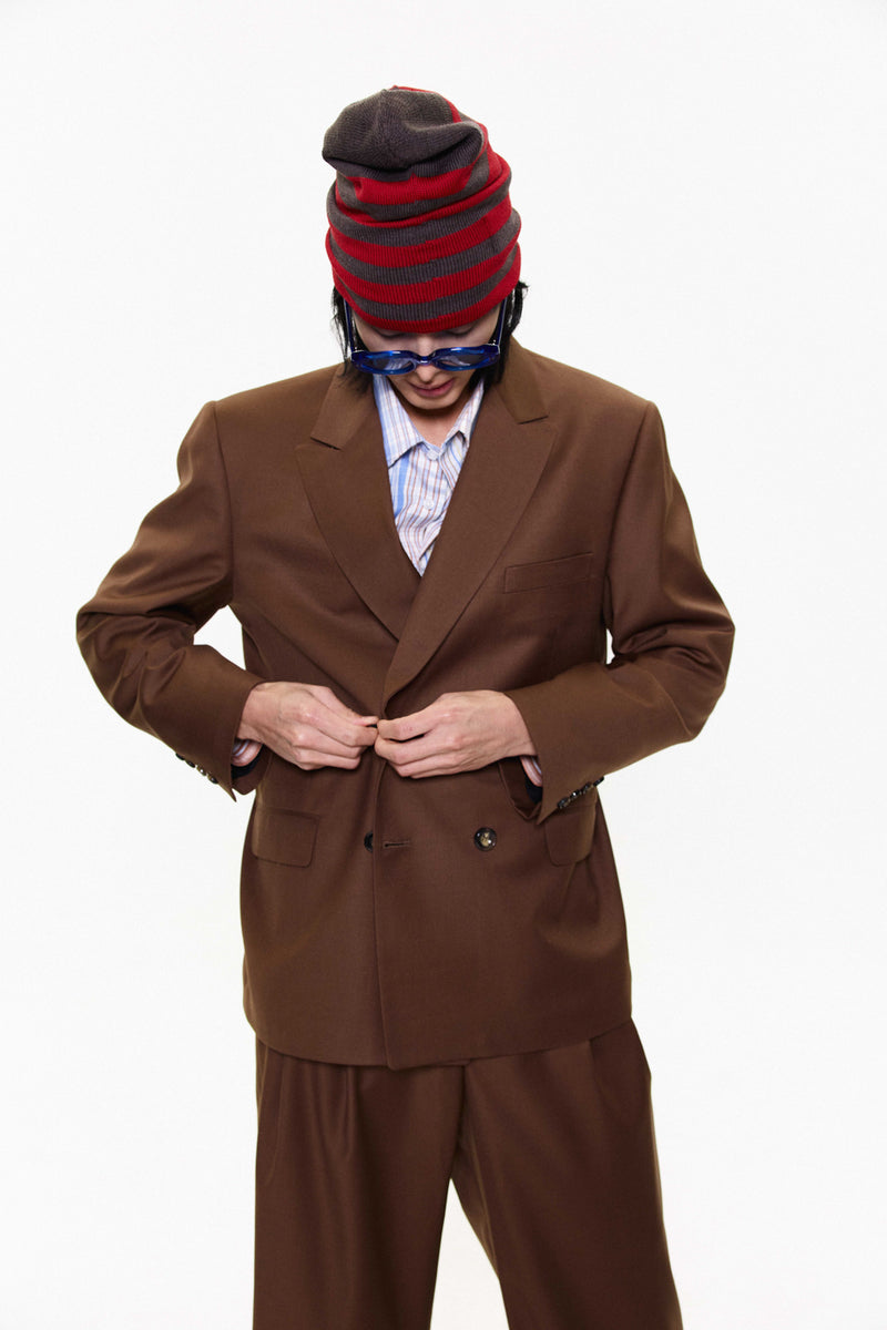 "LOU" OVERSIZED STRIPED MERINO WOOL BEANIE RED/BROWN