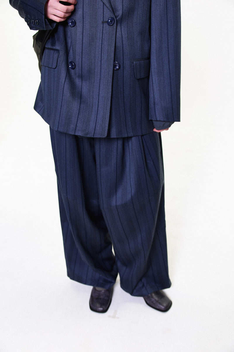"NINO" OVERSIZED SHINY STRIPE WOOL TROUSERS NAVY