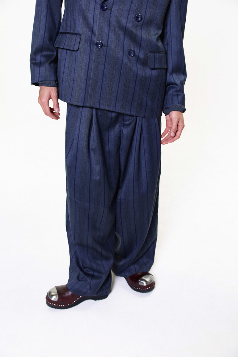 "NINO" OVERSIZED SHINY STRIPE WOOL TROUSERS NAVY