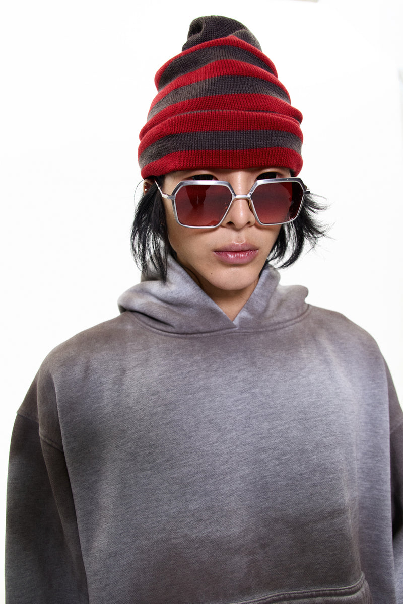 "LOU" OVERSIZED STRIPED MERINO WOOL BEANIE RED/BROWN