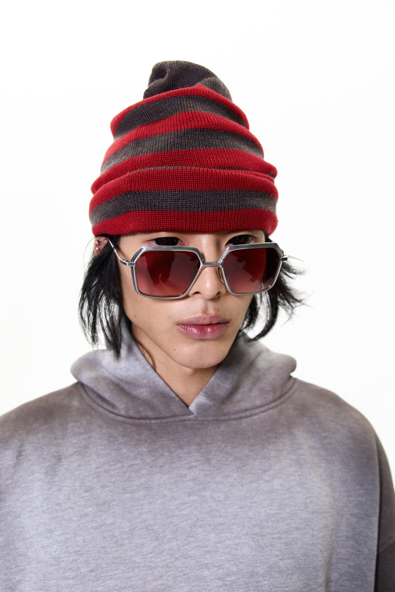"LOU" OVERSIZED STRIPED MERINO WOOL BEANIE RED/BROWN