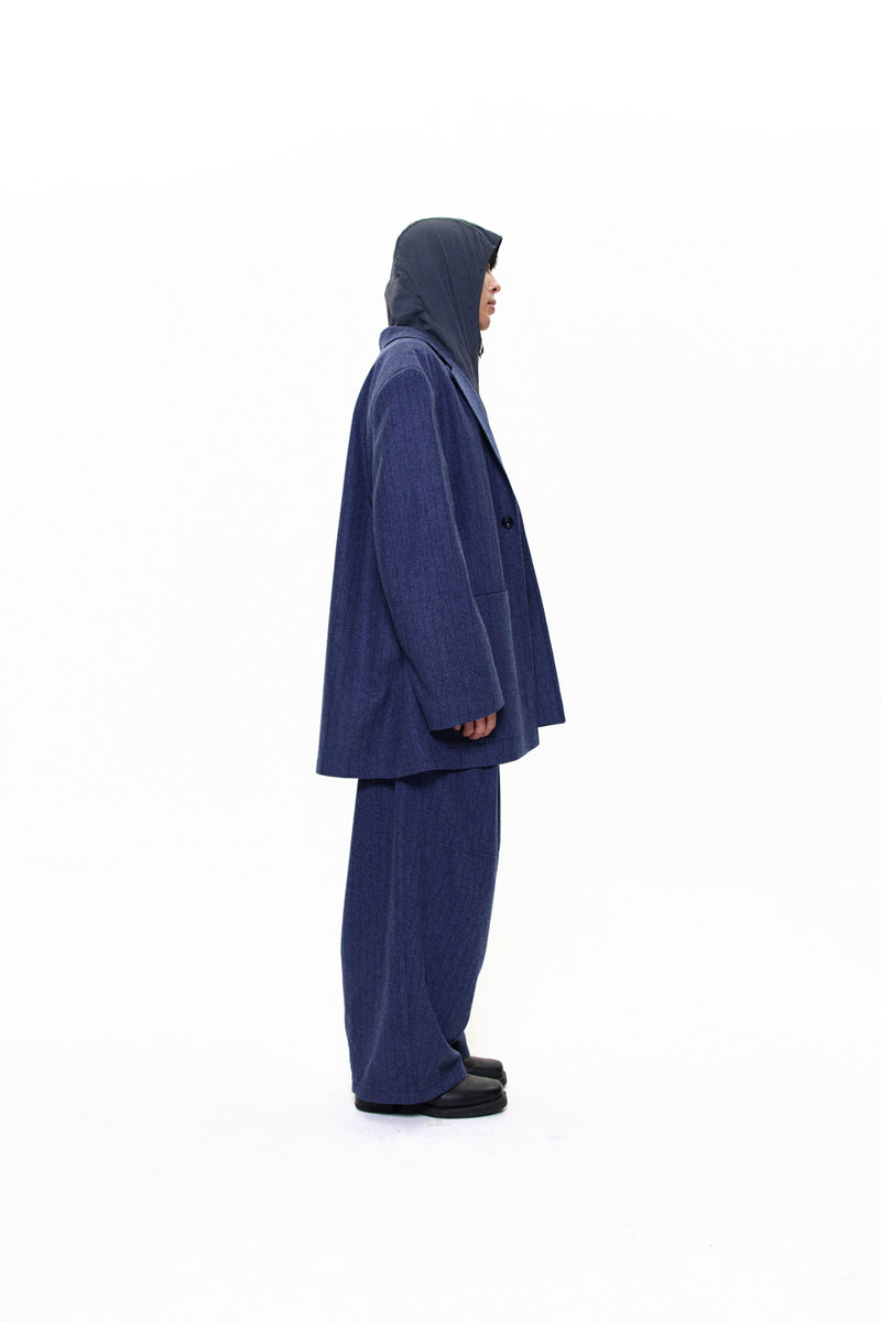 "ALICE" PIN STRIPE TAILORED LONG BLAZER WITH PATCH POCKETS / LAPIS