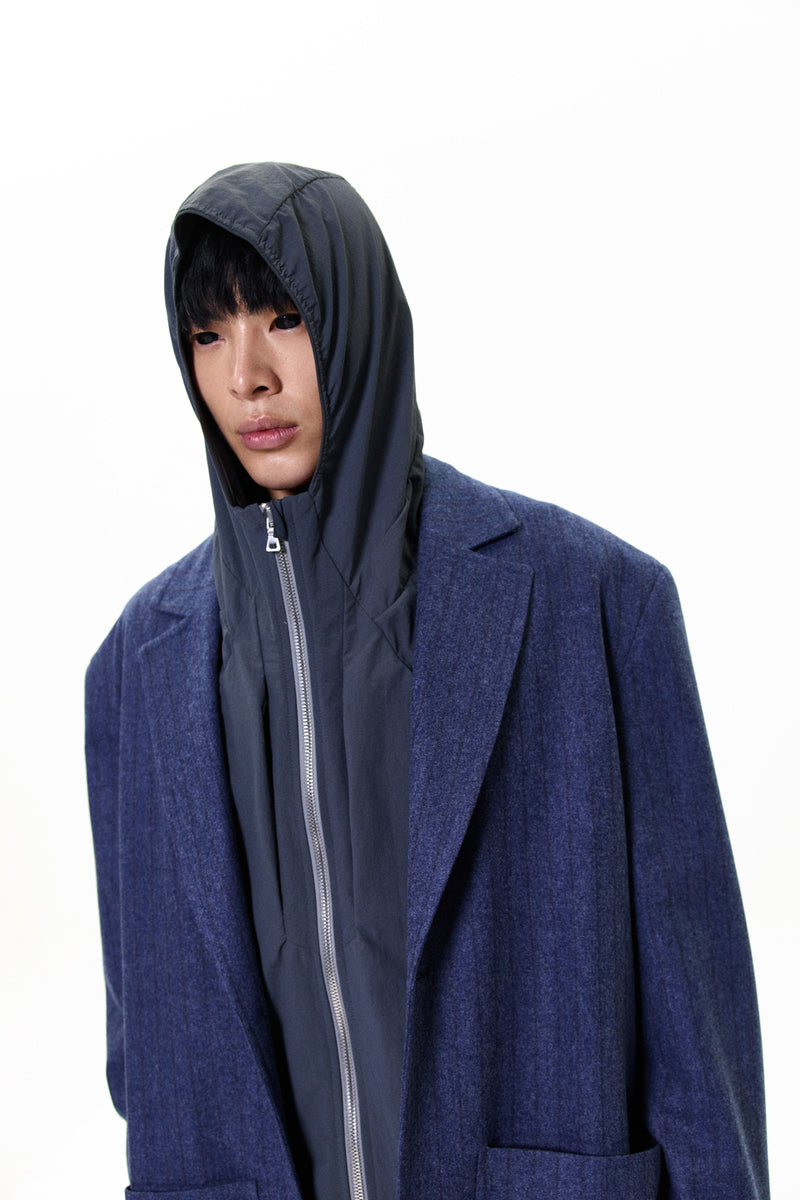 "ALICE" PIN STRIPE TAILORED LONG BLAZER WITH PATCH POCKETS / LAPIS