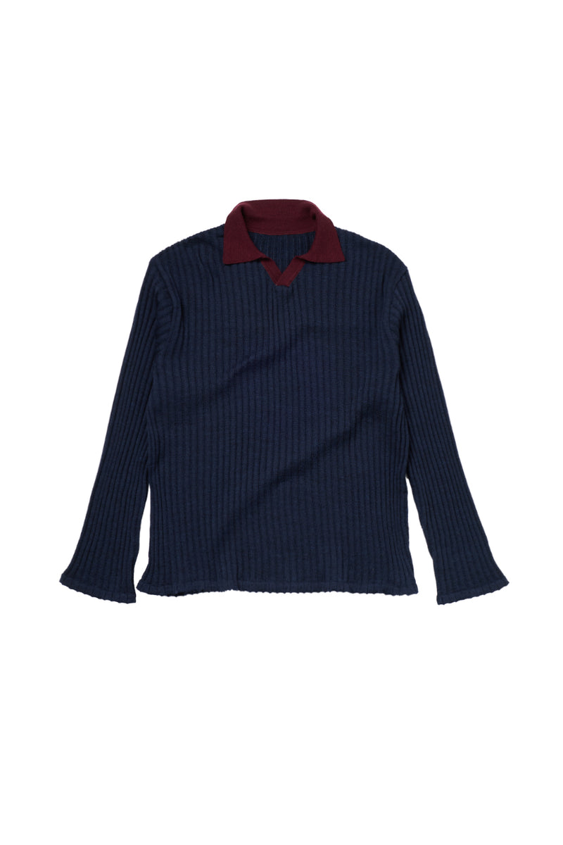 "Loui" Merino wool long sleeve knit with collar midnight/brown