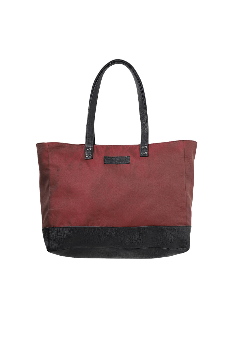"Nova" Black leather/Satin red tote bag
