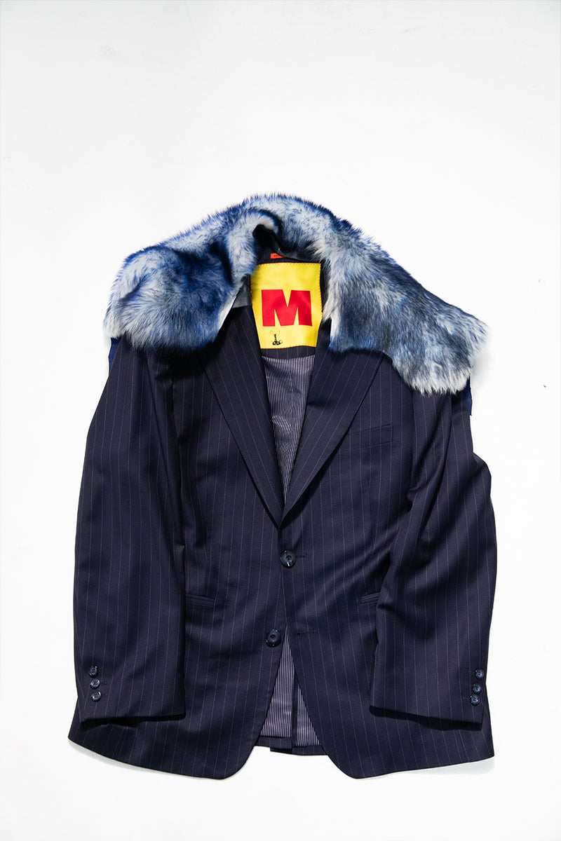 "MARCO" FUR TRIM TAILORED BLAZER SINGLE BREASTED NAVY